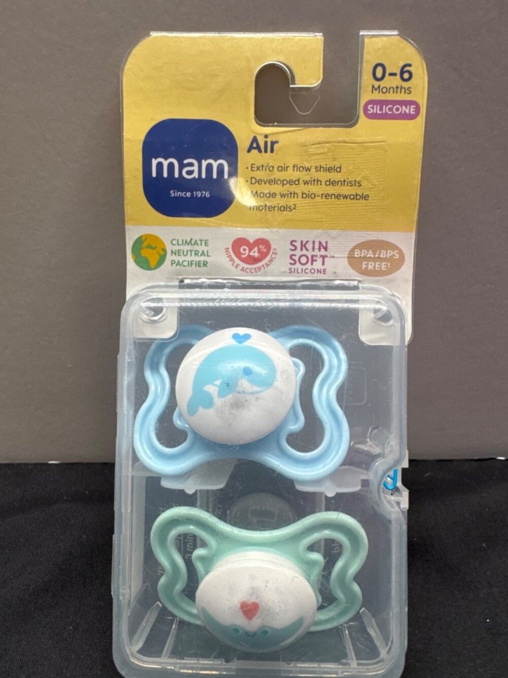 MAM Air Silicone Pacifier 0-6 Months Blue Mint 2 Pack In Case Whale StingRay